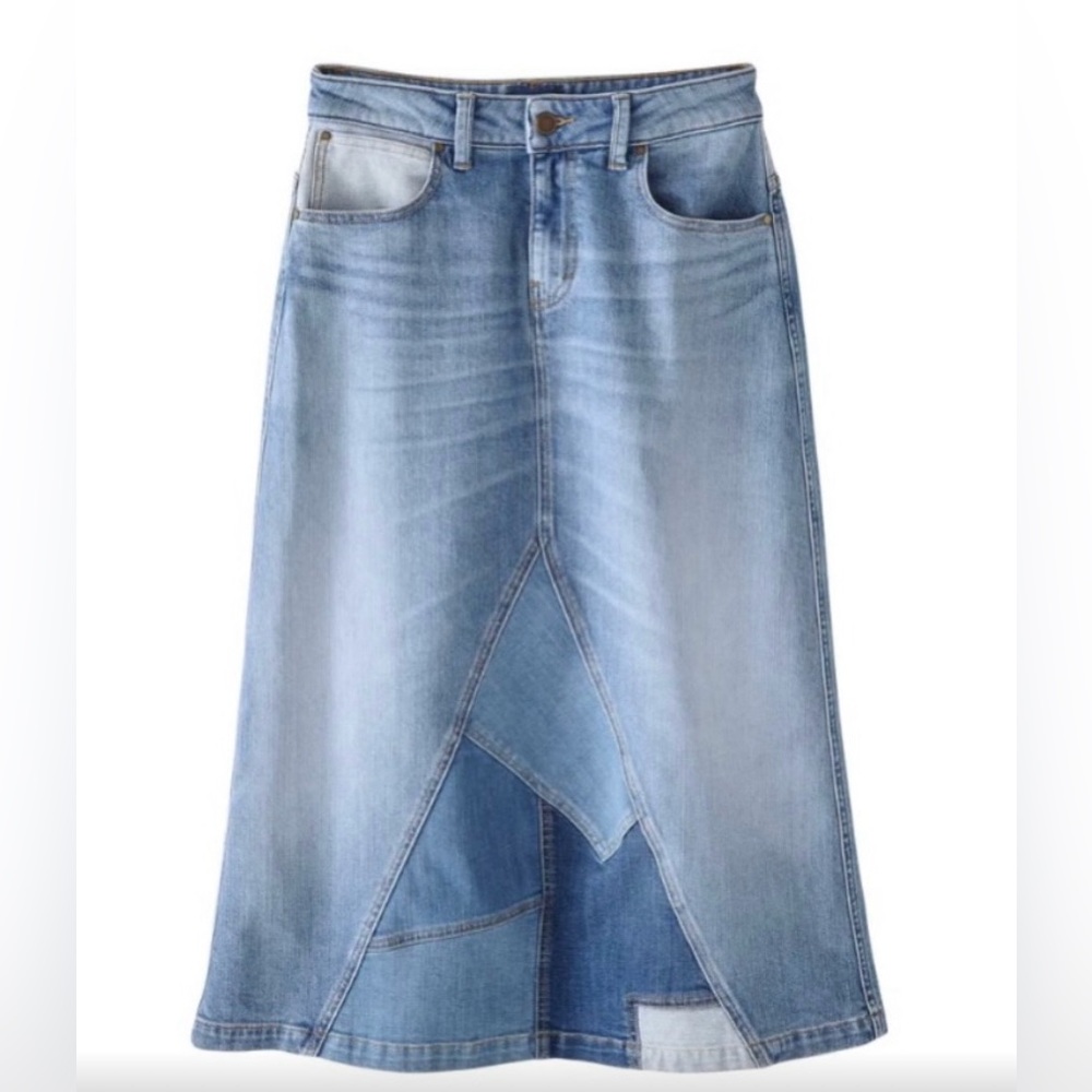 WRAP LONDON BLUE DENIM PATCHWORK A-LINE MIDI SKIRT SZ. 18